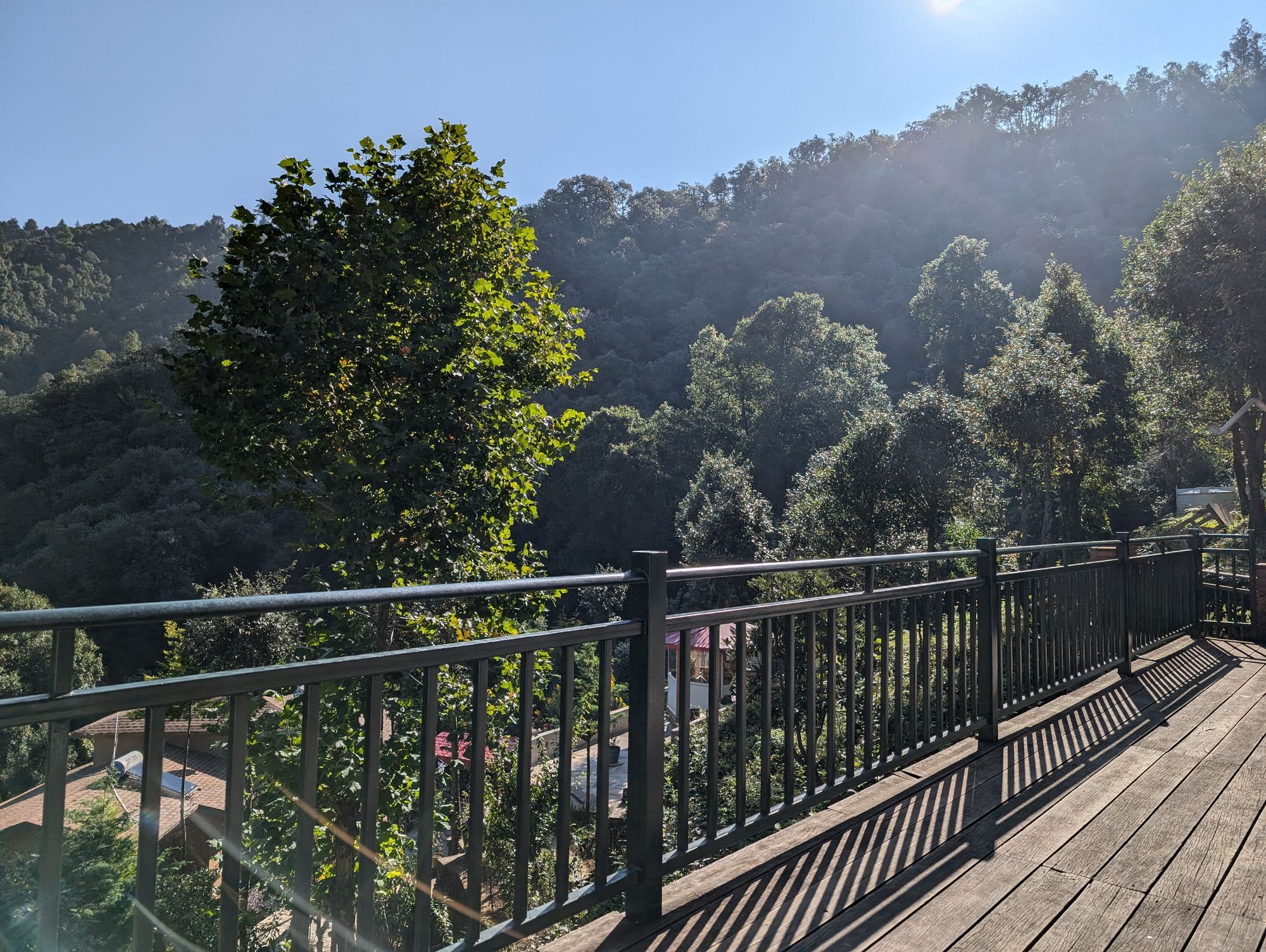 Deck railing overlooking the hillside