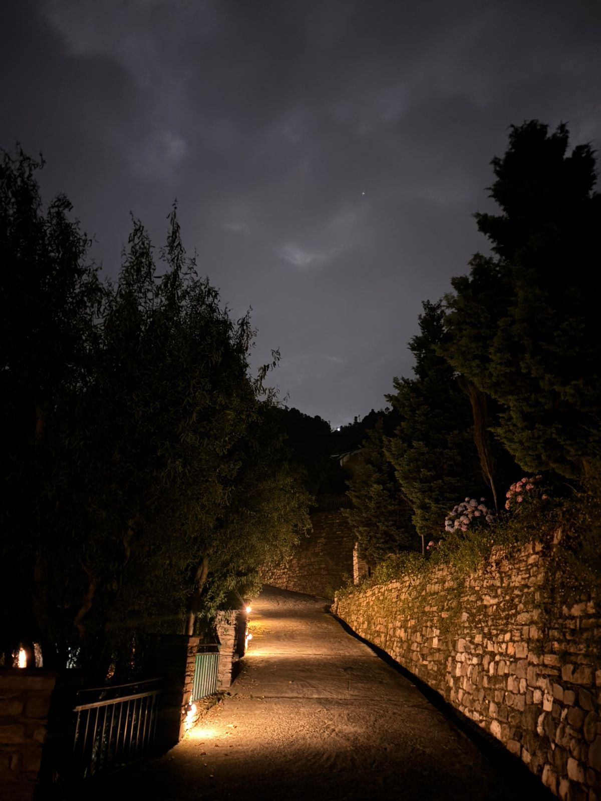 Lit stone path at night